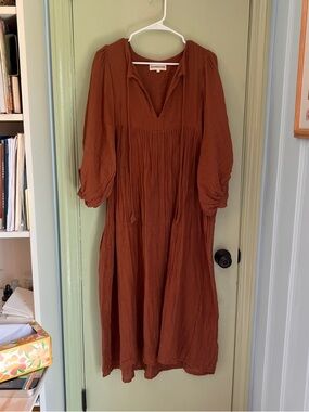 Daughters of India Rust Midi Dress with V-Neck and Puff Sleeves